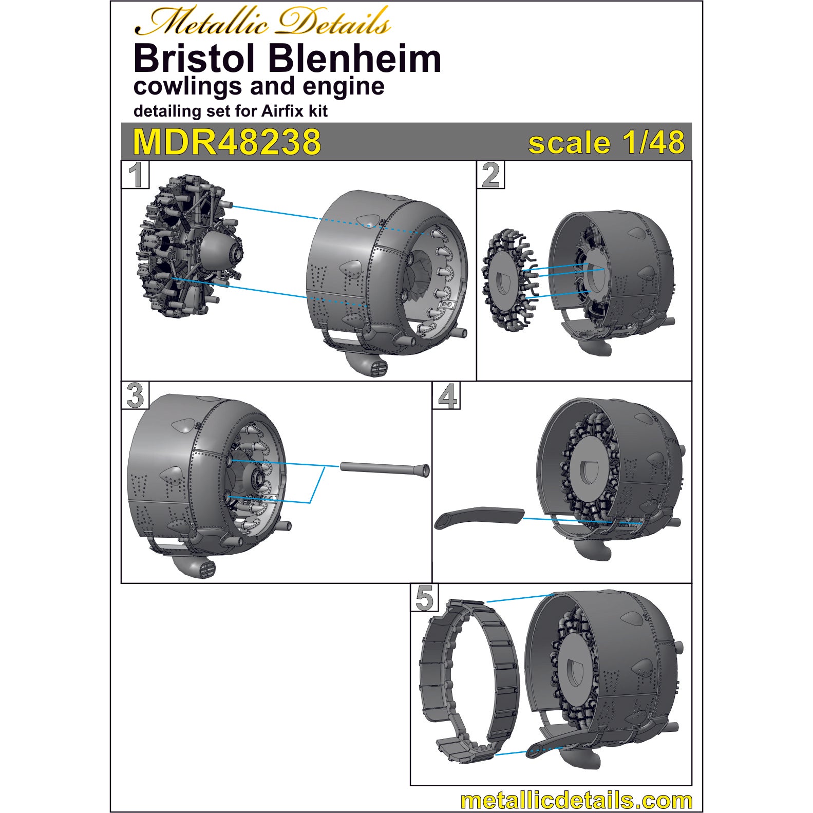Bristol Blenheim, Cowlings and Engines (3D-Printed) Scale 1:48 (Recommended for kit: Airfix) Metallic Details MDR48238 - For Aircraft Kit Model