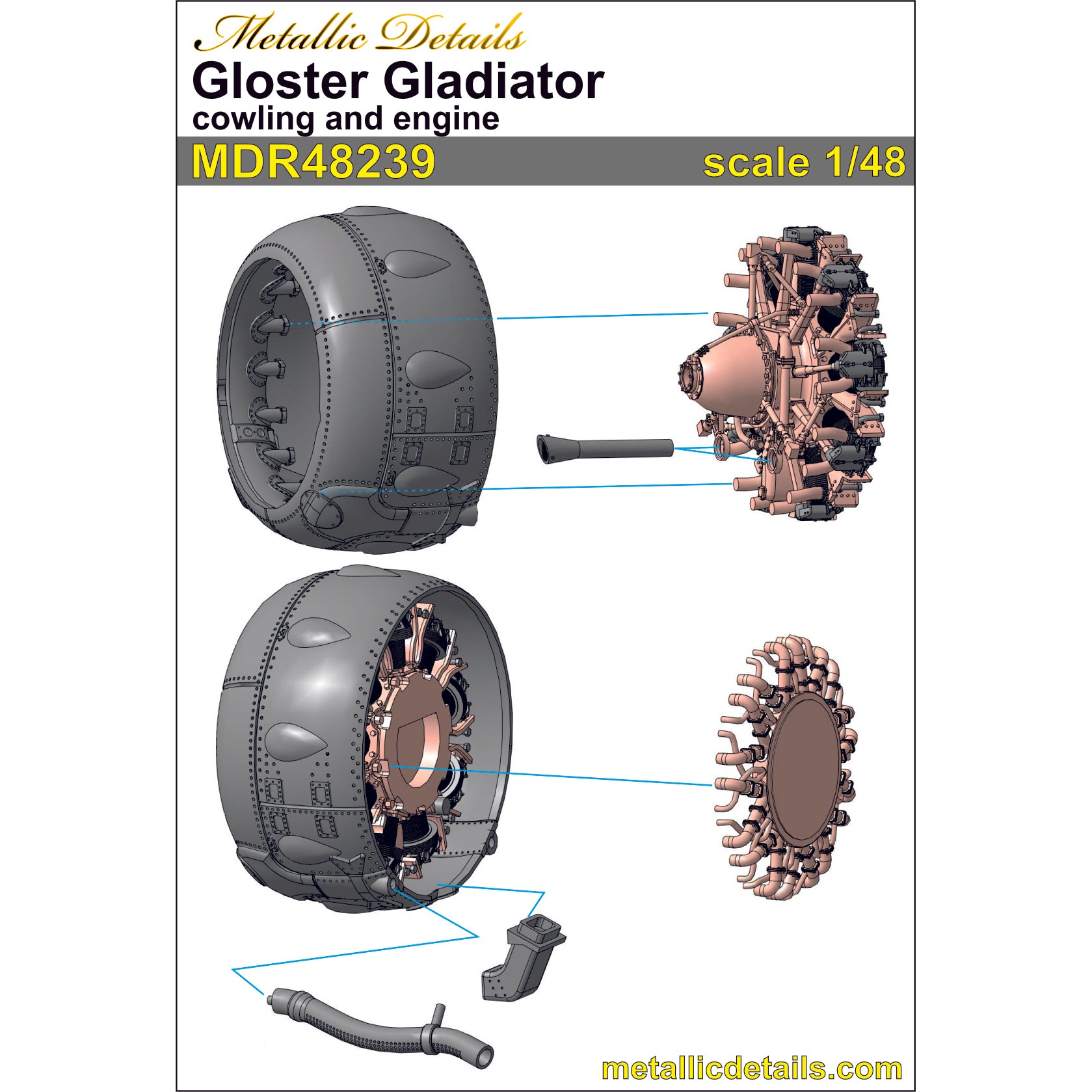 Gloster Gladiator, Cowling and Engines (3D-Printed) Scale 1:48 (Recommended for kit: Roden, Merit International, I Love Kit) Metallic Details MDR48239 - For Model Aircraft Kits