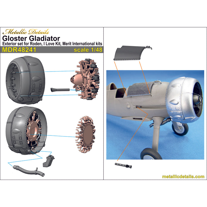 Gloster Gladiator, Exterior - Cowling, Engine, Radiator, Guns, Wheels, Propeller (Resin, 3D-Printed) Scale 1:48 (Recommended for kit: Roden, Merit International, I Love Kit) Metallic Details MDR48241 - For Aircraft Model Kits