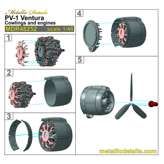 PV-1 Ventura, Cowlings, Propeller and Engines Detailing set (3D-Printed) Scale 1:48 (Recommended for kit: Revell, Academy) Metallic Details MDR48252 - For Aircraft Kit Model