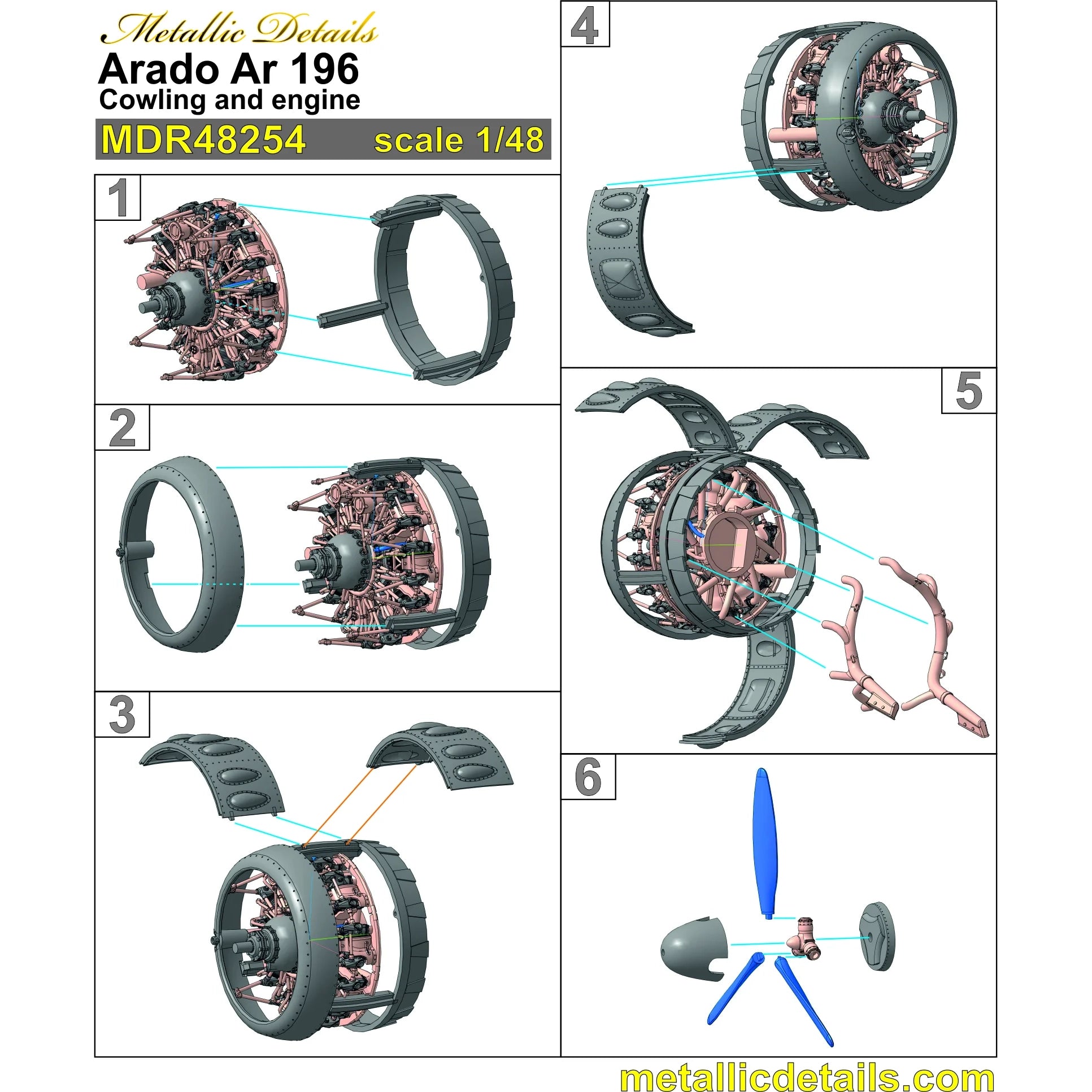 Hydroplane Arado Ar 196, Cowling, Propeller and Engine Detailing set (3D-Printed) Scale 1:48 (Recommended for kit: Italeri) Metallic Details MDR48254 - For Aircraft Models Kits