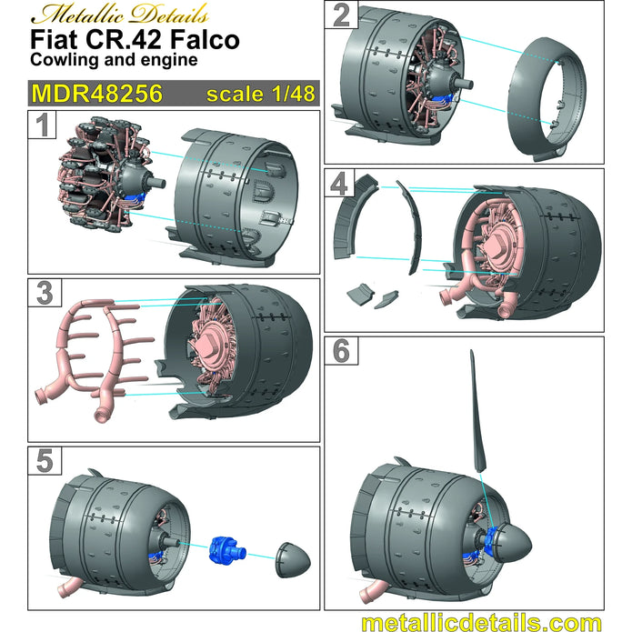 Fiat CR,42 Falco, Cowling, Propeller and Engine Detailing set (3D-Printed) Scale 1:48 (Recommended for kit: Italeri) Metallic Details MDR48256 - For Aircraft Model Kits