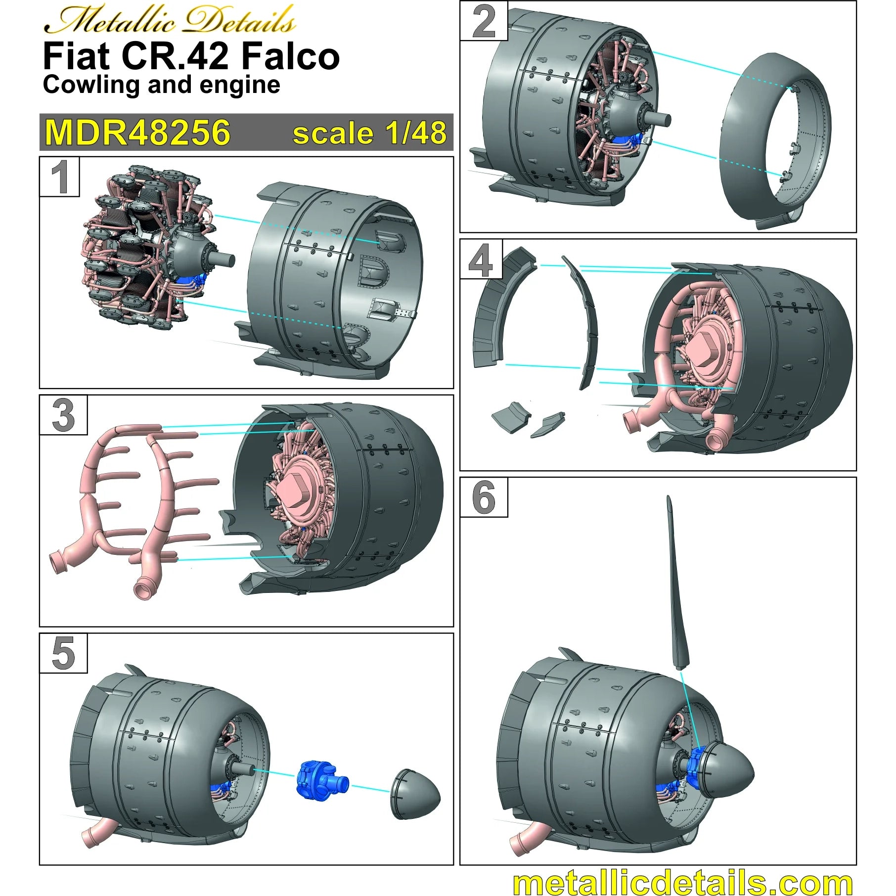 Fiat CR,42 Falco, Cowling, Propeller and Engine Detailing set (3D-Printed) Scale 1:48 (Recommended for kit: Italeri) Metallic Details MDR48256 - For Aircraft Model Kits