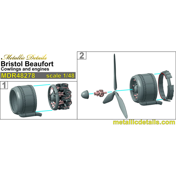 Bristol Beaufort, Propeller, Cowlings and Engines Detailing set (3D-Printed) Scale 1:48 (Recommended for kit: ICM) Metallic Details MDR48278 - For Model Kits Aircraft