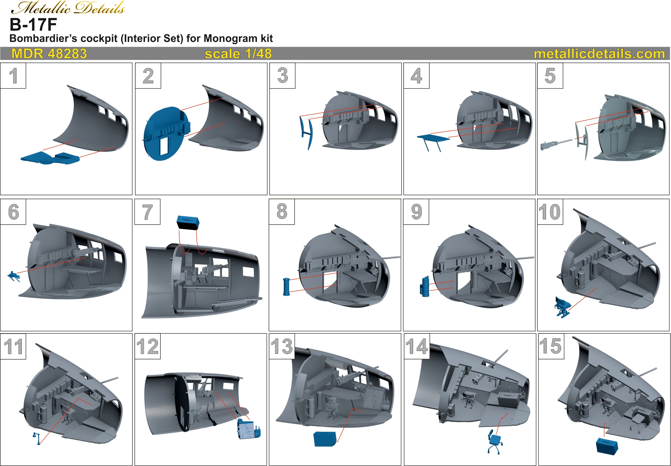 Boeing B-17F Flying Fortress Bombardier’s Cockpit (Interior set) (for Monogram) Scale 1:48 Metallic Details MDR48283