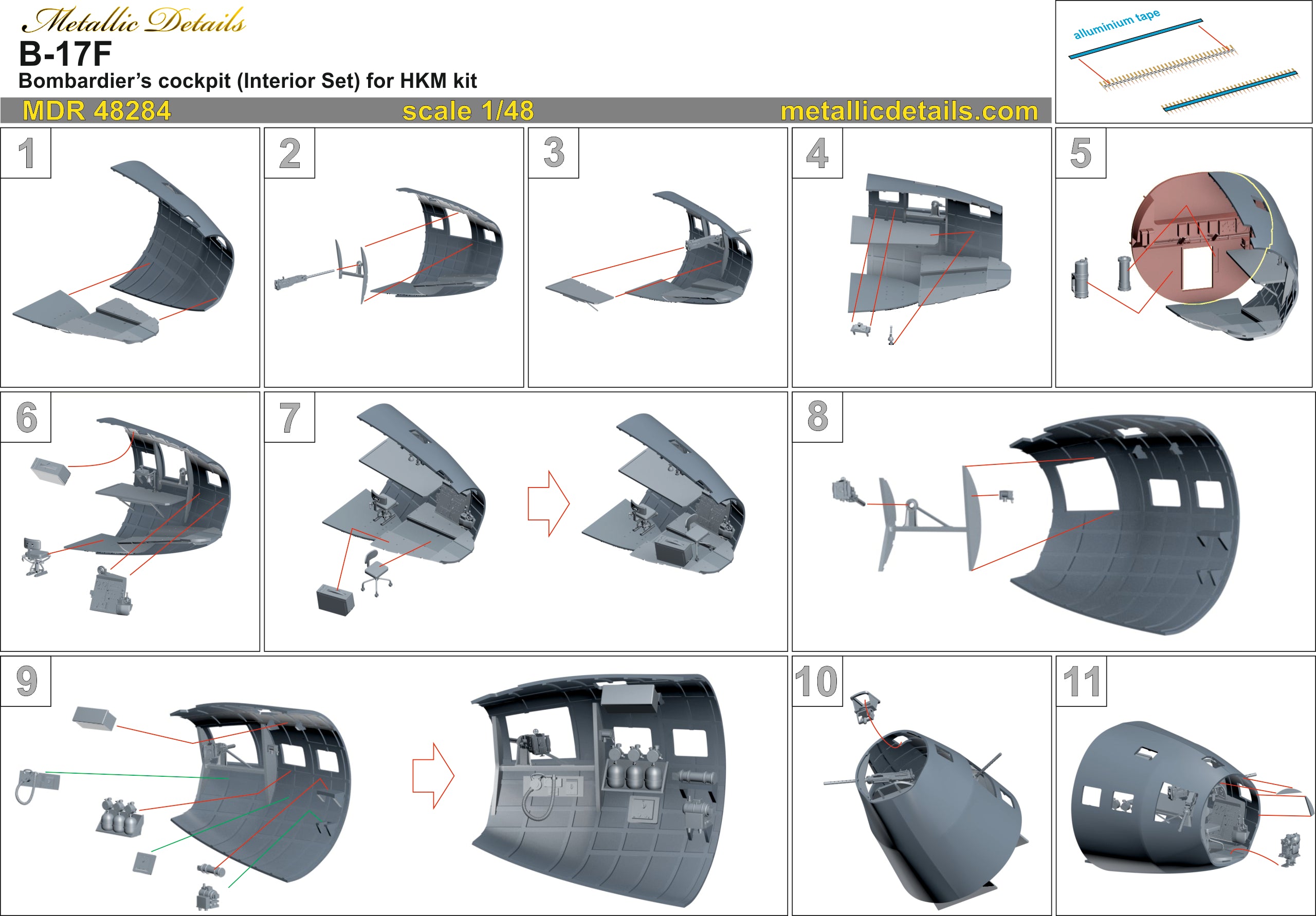 Boeing B-17F Flying Fortress Bombardier’s Cockpit (Interior set) (for HK Models) Scale 1:48 Metallic Details MDR48284