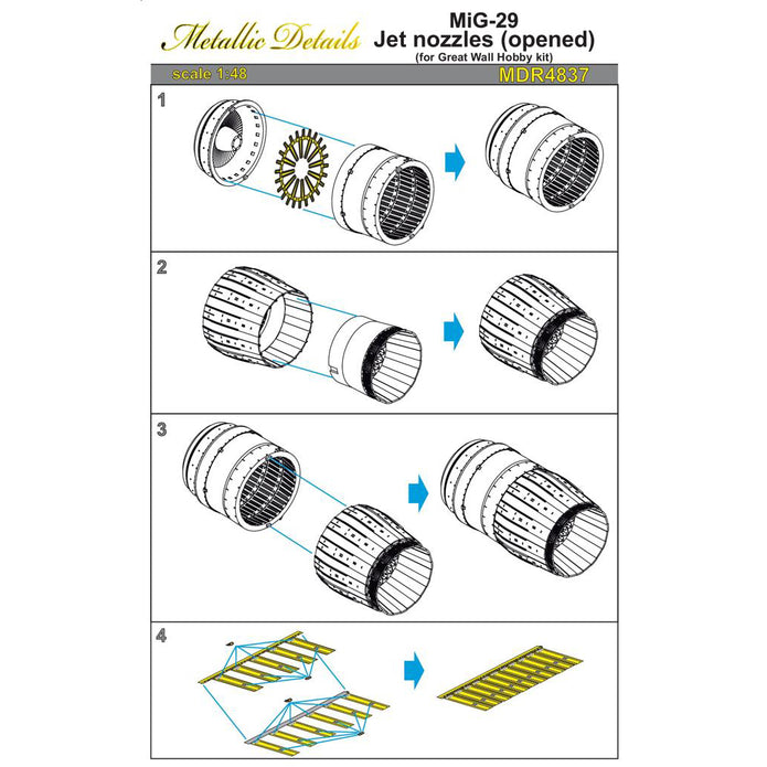 MiG-29, Jet Nozzles (opened) Detailing set (Resin, Photoetch) Scale 1:48 (Recommended for kit: Great Wall Hobby) Metallic Details MDR4837 - For Models Aircraft Kits
