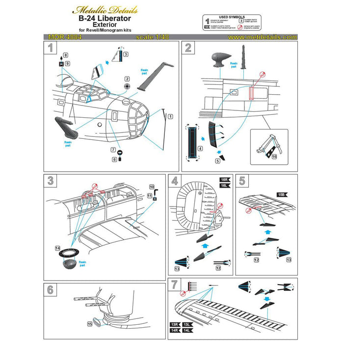 Consolidated B-24 Liberator, Exterior Details set (Resin, Photoetch) Scale 1:48 (Recommended for kit: Revell, Monogram) Metallic Details MDR4884 - For Model Kit Aircraft