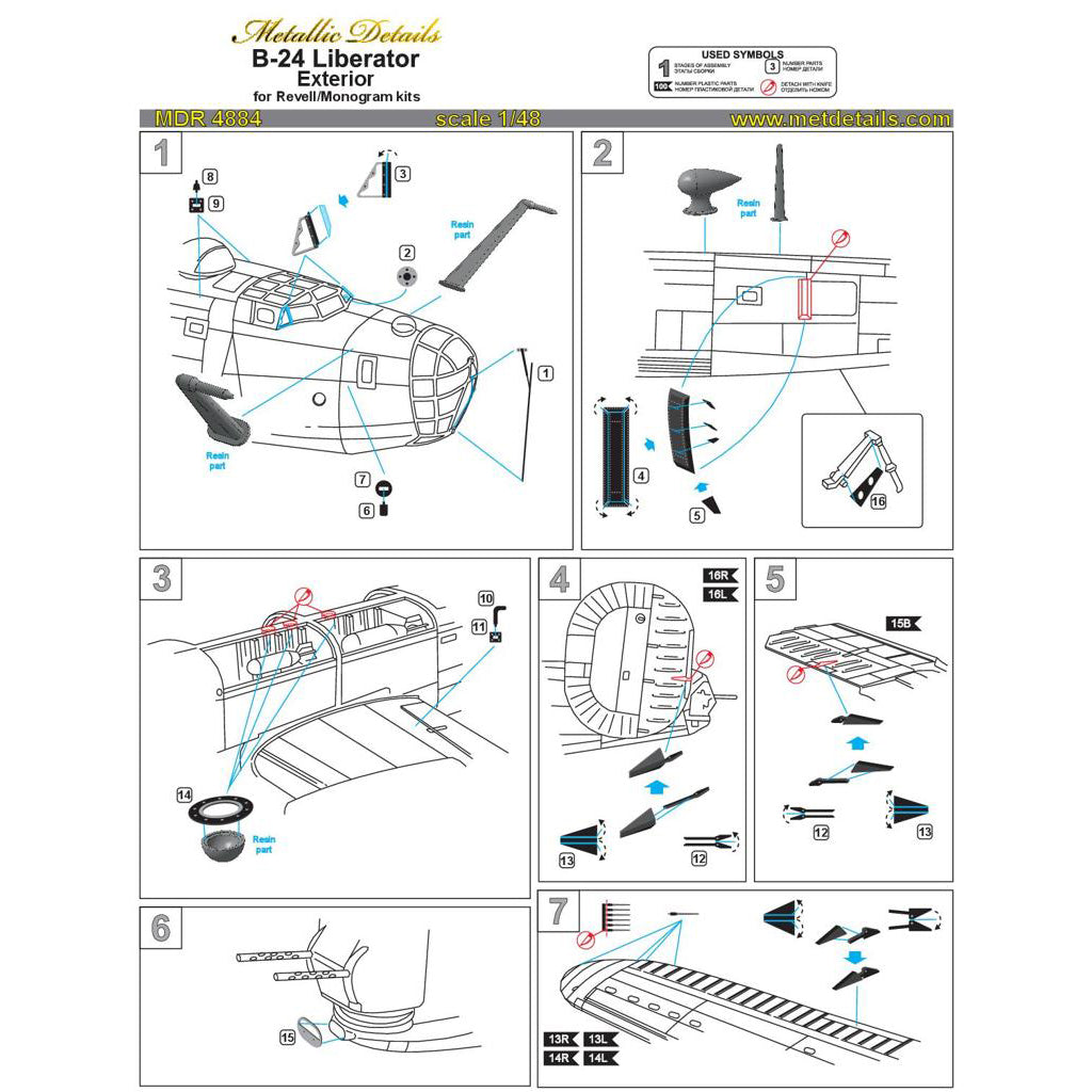 Consolidated B-24 Liberator, Exterior Details set (Resin, Photoetch) Scale 1:48 (Recommended for kit: Revell, Monogram) Metallic Details MDR4884 - For Model Kit Aircraft