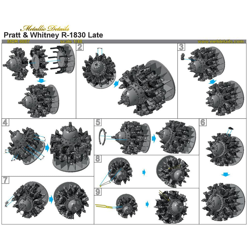 Pratt & Whitney R-1830 Late Engines Detailing set (Resin, Photoetch) Scale 1:48 Metallic Details MDR4887 - For Model Aircraft Kits