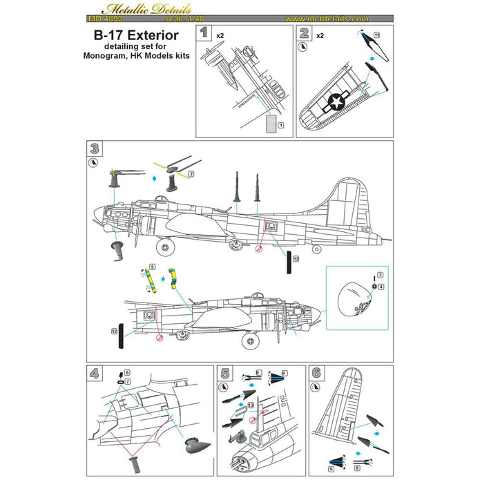 Boeing B-17 Flying Fortress, Exterior Details set (Resin, Photoetch, 3D-Printed) Scale 1:48 (Recommended for kit: HK Models, Monogram) Metallic Details MDR4893 - For Models Aircraft Kits