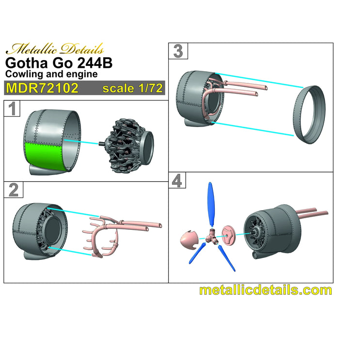Gotha Go 244B, Cowlings, Propeller and Engines Detailing set (3D-Printed) Scale 1:72 (Recommended for kit: Italeri) Metallic Details MDR72102 - For Model Kit Aircraft
