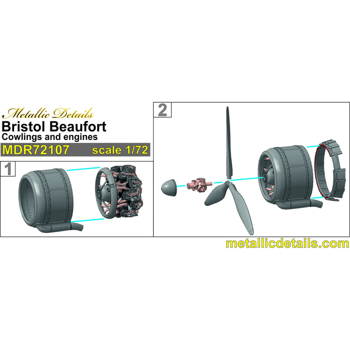 Bristol Beaufort, Cowlings, Propeller and Engines Detailing set (3D-Printed) Scale 1:72 Metallic Details MDR72107 - For Model Kits Aircraft
