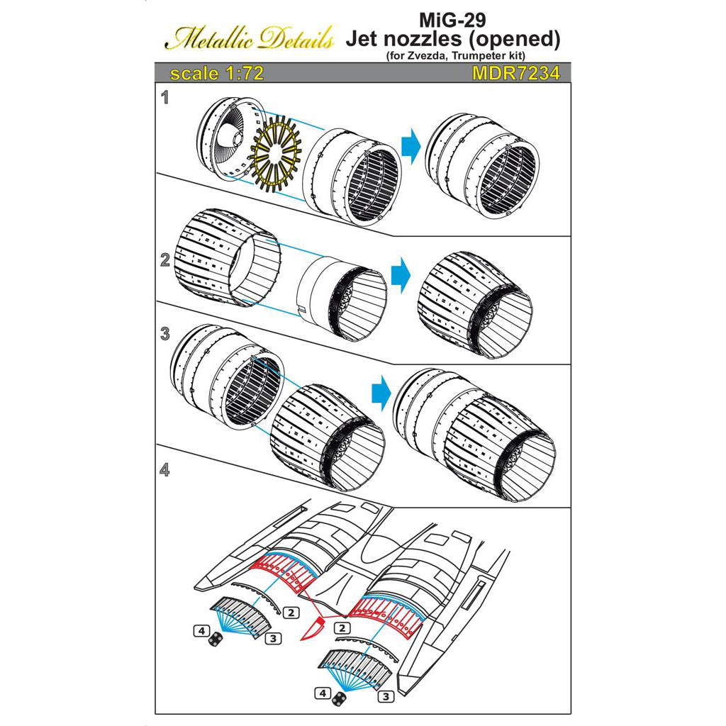 Mikoyan MiG-29, Jet Nozzles (opened) Resin, Photoetch Scale 1:72 (Recommended for kit: Zvezda, Trumpeter) Metallic Details MDR7234 - For Model Kits Aircraft