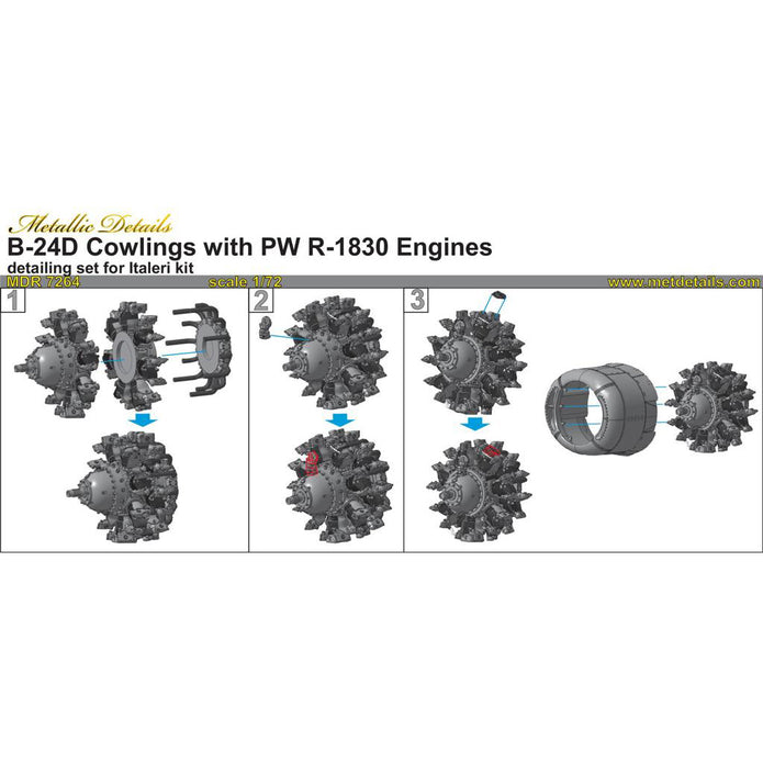 Consolidated B-24 D Liberator, Detailing set Cowlings with PW R-1830 Engines (3D-Printed) Scale 1:72 (Recommended for kit: Italeri) Metallic Details MDR7264 - For Model Aircraft Kits