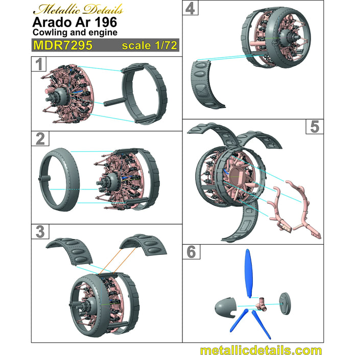 Arado Ar 196, Cowling, Propeller and Engine Detailing set (3D-Printed) Scale 1:72 Metallic Details MDR7295 - For Aircraft Kit Model