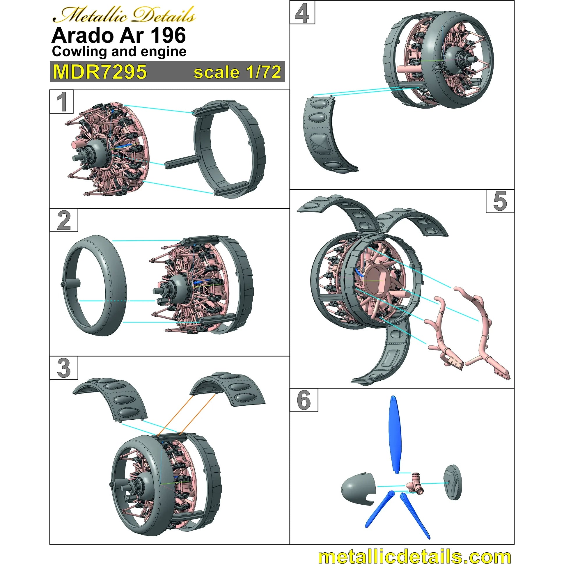 Arado Ar 196, Cowling, Propeller and Engine Detailing set (3D-Printed) Scale 1:72 Metallic Details MDR7295 - For Aircraft Kit Model