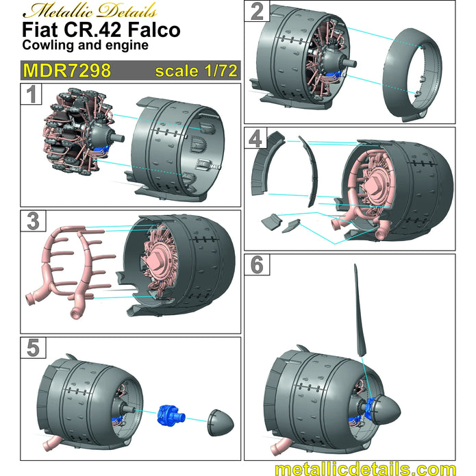 Fiat CR,42 Falco, Cowling, Propeller and Engine Detailing set (3D-Printed) Scale 1:72 Metallic Details MDR7298 - For Model Kits Aircraft