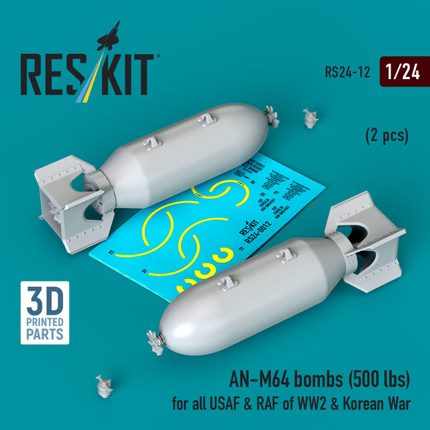 AN-M64 bombs (500 lbs) for all USAF & RAF of WW2 & Korean War (2 pcs) (3D Printed) Scale 1:24 ResKit RS24-0012