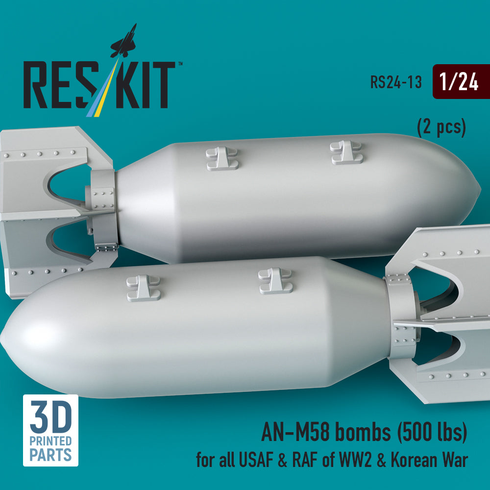 AN-M58 bombs (500 lbs) for all USAF & RAF of WW2 & Korean War (2 pcs) (3D Printed) Scale 1:24 ResKit RS24-0013