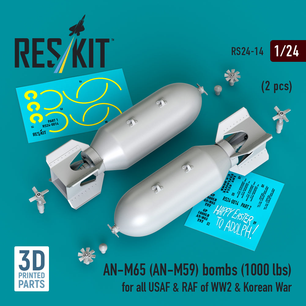 AN-M65 (AN-M59) bombs (1000 lbs) for all USAF & RAF of WW2 & Korean War (2 pcs) (3D Printed) Scale 1:24 ResKit RS24-0014