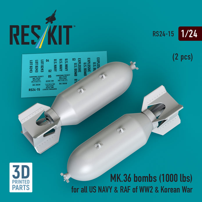 MK.36 bombs (1000 lbs) for all US NAVY & RAF of WW2 & Korean War (2 pcs) (3D Printed) Scale 1:24 ResKit RS24-0015