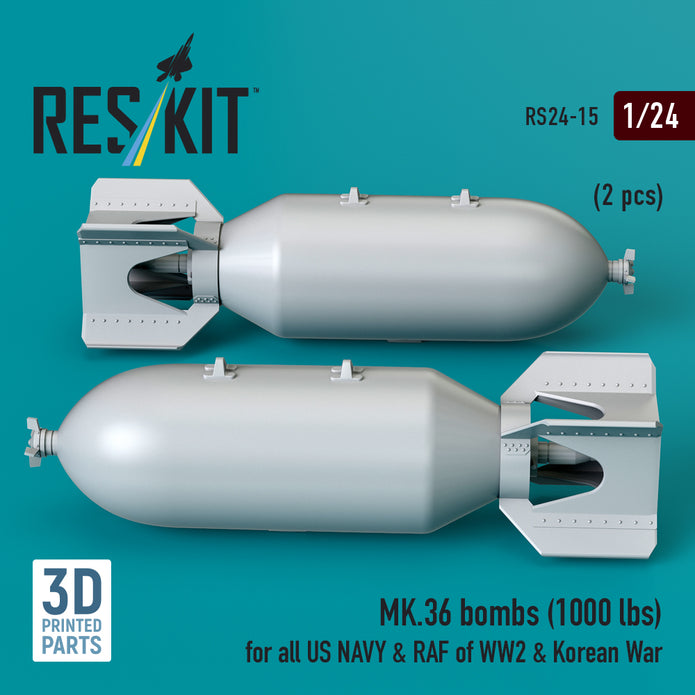 MK.36 bombs (1000 lbs) for all US NAVY & RAF of WW2 & Korean War (2 pcs) (3D Printed) Scale 1:24 ResKit RS24-0015