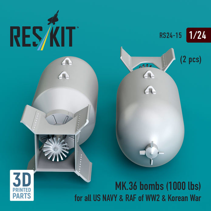 MK.36 bombs (1000 lbs) for all US NAVY & RAF of WW2 & Korean War (2 pcs) (3D Printed) Scale 1:24 ResKit RS24-0015