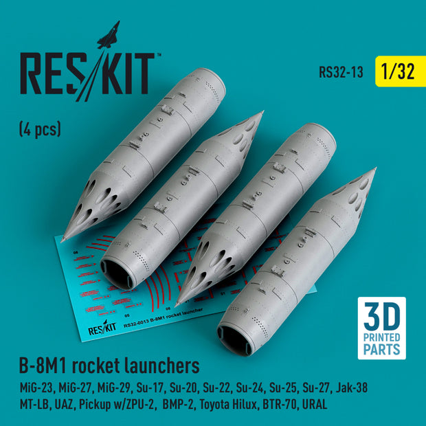 B-8M1 Rocket Launchers (4 pcs) (MiG-23/27/29, Su-17/20/22/24/25/27/33, Yak-38) (3D Printed) Scale 1:32 ResKit RS32-0013 for Aircraft Model Kit