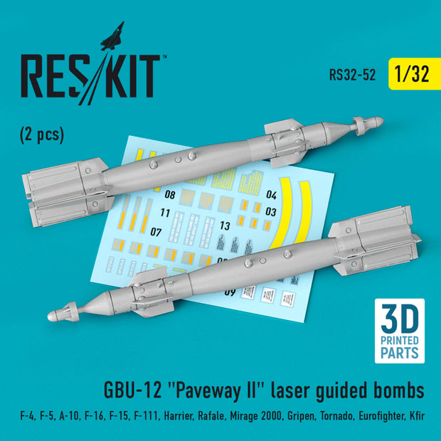 GBU-12 "Paveway II" Laser Guided Bombs (2 pcs) (F-4, F-5, A-10, F-16, F-15, F-111, Harrier, Rafale, Mirage 2000, Gripen, Tornado, Eurofighter, Kfir) (3D Printed) Scale 1:32 ResKit RS32-0052 for Aircraft Model Kit
