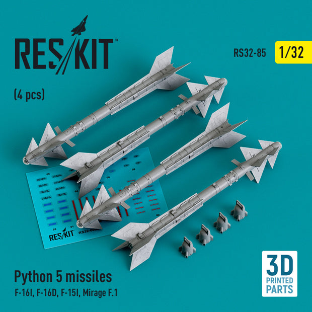 Python 5 Missiles (4 pcs) (F-16I, F-16D, F-15I, Mirage F.1) (3D Printed) Scale 1:32 ResKit RS32-0085 for Aircraft Model Kit