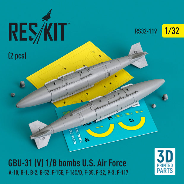 GBU-31 (V) 1/B Bombs U,S, Air Force (2 pcs) (A-10, B-1, B-2, B-52, F-15E, F-16C/D, F-35, F-22, P-3, F-117) (3D Printed) Scale 1:32 ResKit RS32-0119 for Aircraft Model Kit