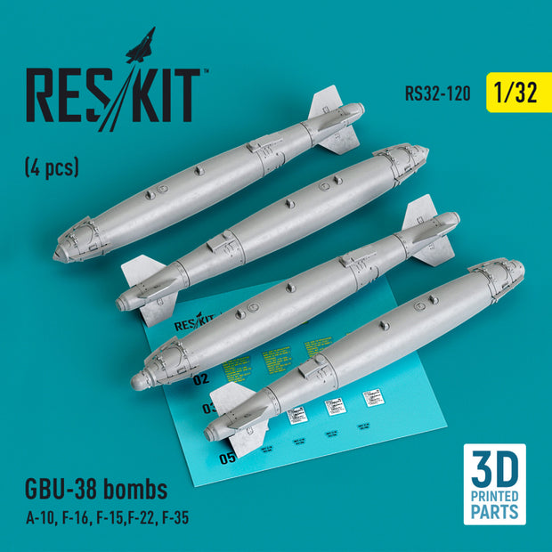 GBU-38 Bombs (4 pcs) (A-10, F-16, F-15,F-22, F-35) (3D Printed) Scale 1:32 ResKit RS32-0120 for Aircraft Model Kit