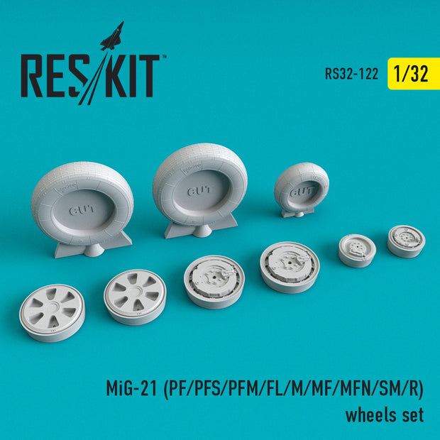 MiG-21 (PF, PFS, PFM, FL, M, MF, MFN, SM, R) Wheels set Scale 1:32 ResKit RS32-0122 for Aircraft Model Kit