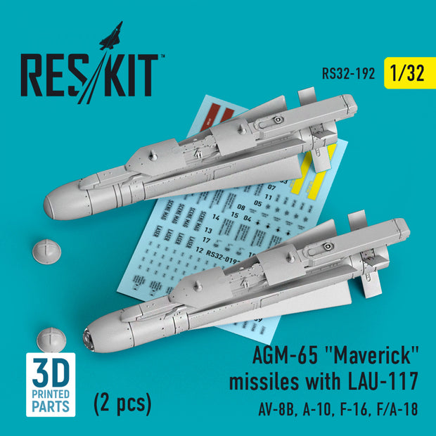 AGM-65 Maverick Missiles with LAU-117 (2 pcs) (AV-8B, A-10, F-16, F/A-18) (3D Printed) Scale 1:32 ResKit RS32-0192 for Aircraft Model Kit