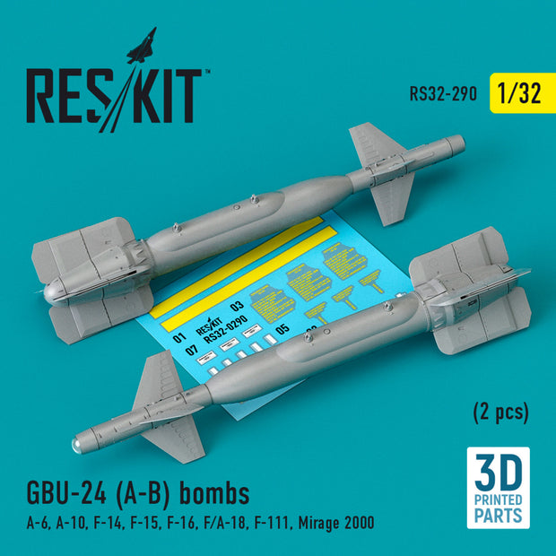 GBU-24 (A-B) Bombs (2 pcs) (A-6, A-10, F-14, F-15, F-16, F/A-18, F-111, Mirage 2000) (3D Printed) Scale 1:32 ResKit RS32-0290 for Aircraft Model Kit