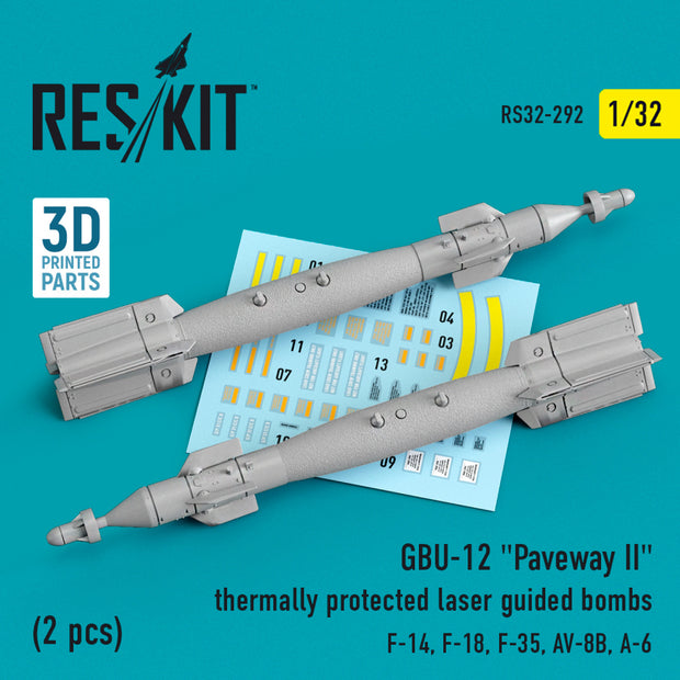 GBU-12 "Paveway II" Thermally Protected Laser Guided Bombs (2 pcs) (F-14, F-18, F-35, AV-8B, A-6) (3D Printed) Scale 1:32 ResKit RS32-0292 for Aircraft Model Kit