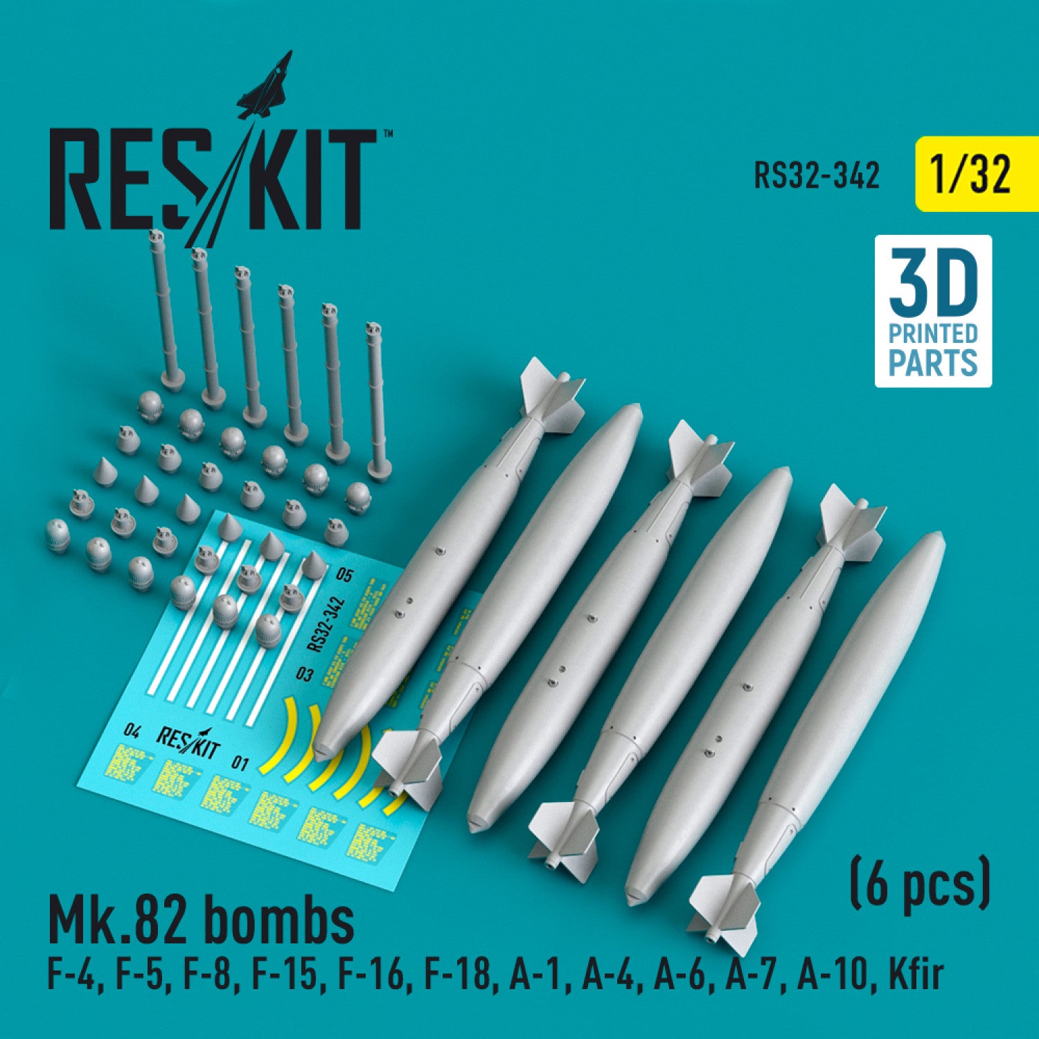 Mk.82 Bombs (6 pcs) (F-4, F-5, F-8, F-15, F-16, F-18, A-1, A-4, A-6, A-7, A-10, Kfir) (3D Printed) Scale 1:32 ResKit RS32-0342 for Aircraft Model Kit