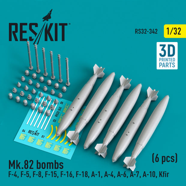 Mk.82 Bombs (6 pcs) (F-4, F-5, F-8, F-15, F-16, F-18, A-1, A-4, A-6, A-7, A-10, Kfir) (3D Printed) Scale 1:32 ResKit RS32-0342 for Aircraft Model Kit