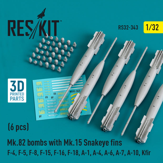 Mk.82 Bombs with Mk,15 Snakeye fins (6 pcs) (F-4, F-5, F-8, F-15, F-16, F-18, A-1, A-4, A-6, A-7, A-10, Kfir) (3D Printed) Scale 1:32 ResKit RS32-0343 for Aircraft Model Kit