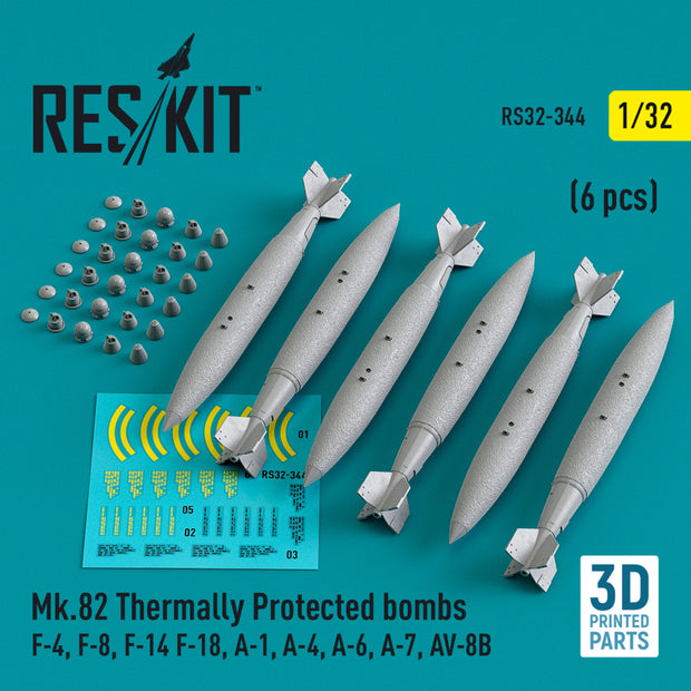 Mk.82 Thermally Protected Bombs (6 pcs) (F-4, F-8, F-14 F-18, A-1, A-4, A-6, A-7, AV-8B) (3D Printed) Scale 1:32 ResKit RS32-0344 for Aircraft Model Kit