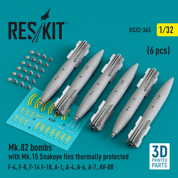 Mk.82 Bombs with Mk,15 Snakeye fins Thermally Protected (6 pcs) (F-4, F-8, F-14 F-18, A-1, A-4, A-6, A-7, AV-8B) (3D Printed) Scale 1:32 ResKit RS32-0345 for Aircraft Model Kit