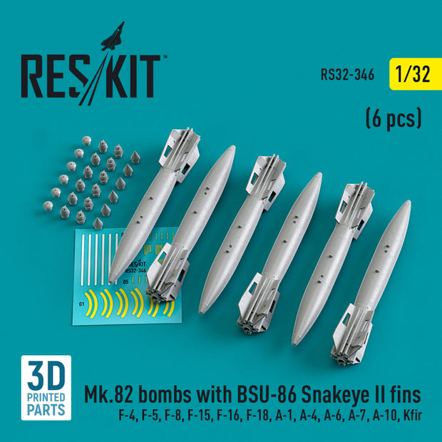 Mk.82 Bombs with BSU-86 Snakeye II fins (6 pcs) (F-4, F-5, F-8, F-15, F-16, F-18, A-1, A-4, A-6, A-7, A-10, Kfir) (3D Printed) Scale 1:32 ResKit RS32-0346 for Aircraft Model Kit