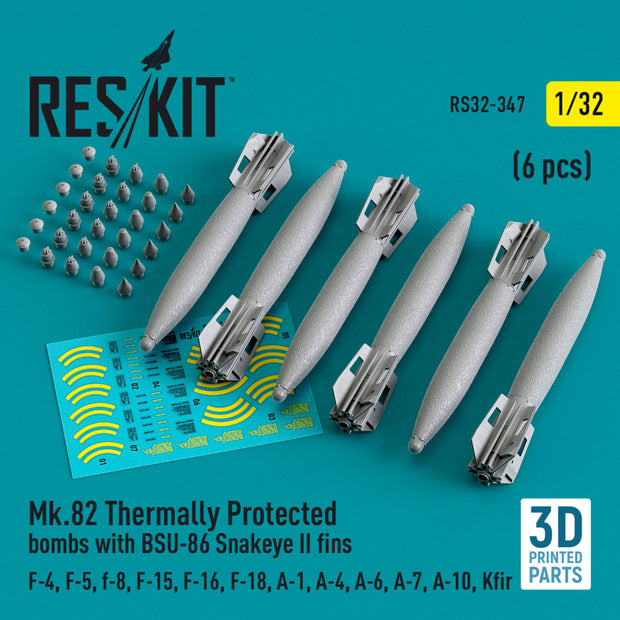 Mk.82 Thermally Protected Bombs with BSU-86 Snakeye II fins (6 pcs) (F-4, F-5, F-8, F-15, F-16, F-18, A-1, A-4, A-6, A-7, A-10, Kfir) (3D Printed) Scale 1:32 ResKit RS32-0347 for Aircraft Model Kit
