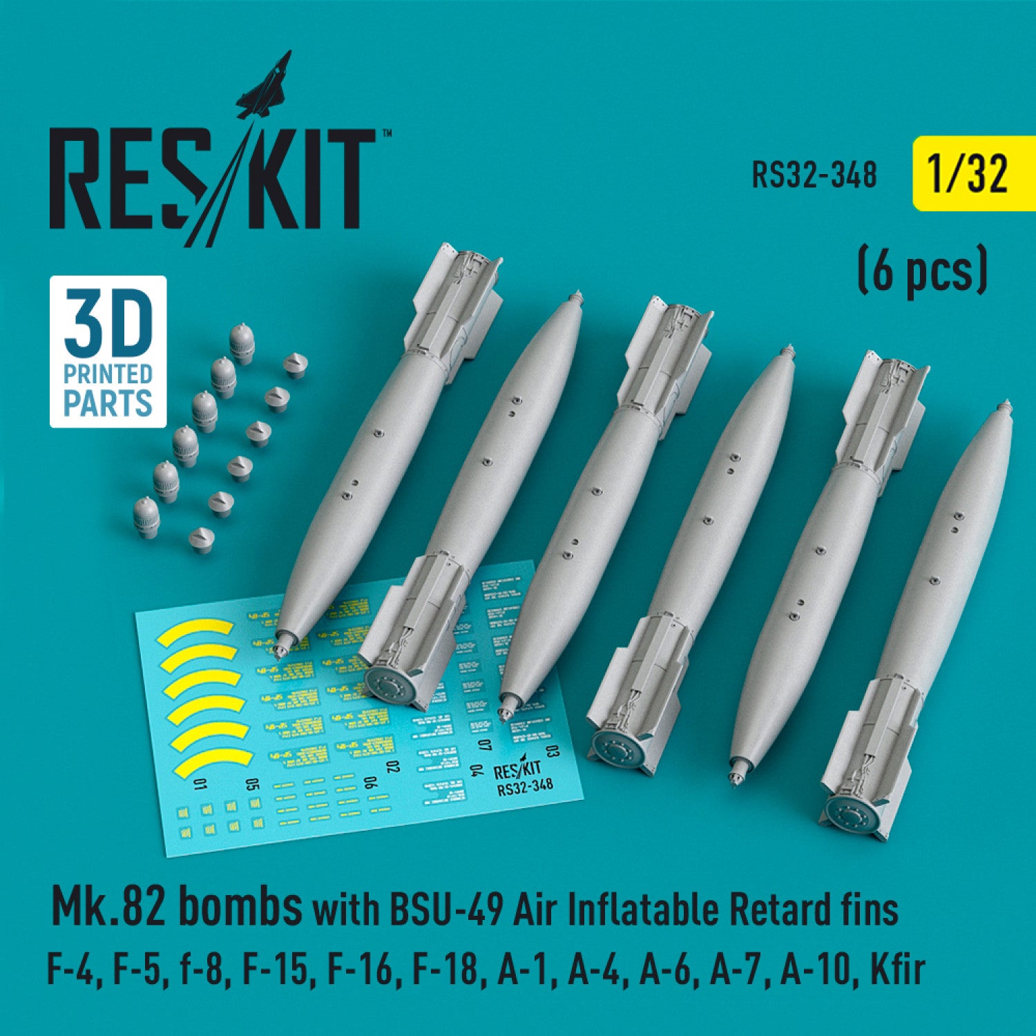 Mk.82 Bombs with BSU-49 air inflatable retard fins (6 pcs) (F-4, F-5, F-8, F-15, F-16, F-18, A-1, A-4, A-6, A-7, A-10, Kfir) (3D Printed) Scale 1:32 ResKit RS32-0348 for Aircraft Model Kit