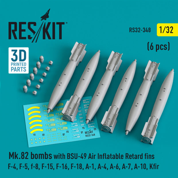 Mk.82 Bombs with BSU-49 air inflatable retard fins (6 pcs) (F-4, F-5, F-8, F-15, F-16, F-18, A-1, A-4, A-6, A-7, A-10, Kfir) (3D Printed) Scale 1:32 ResKit RS32-0348 for Aircraft Model Kit