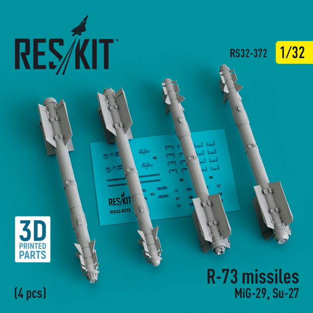 R-73 Missiles (4 pcs) (MiG-29, Su-27) (3D Printed) Scale 1:32 ResKit RS32-0372 for Aircraft Model Kit