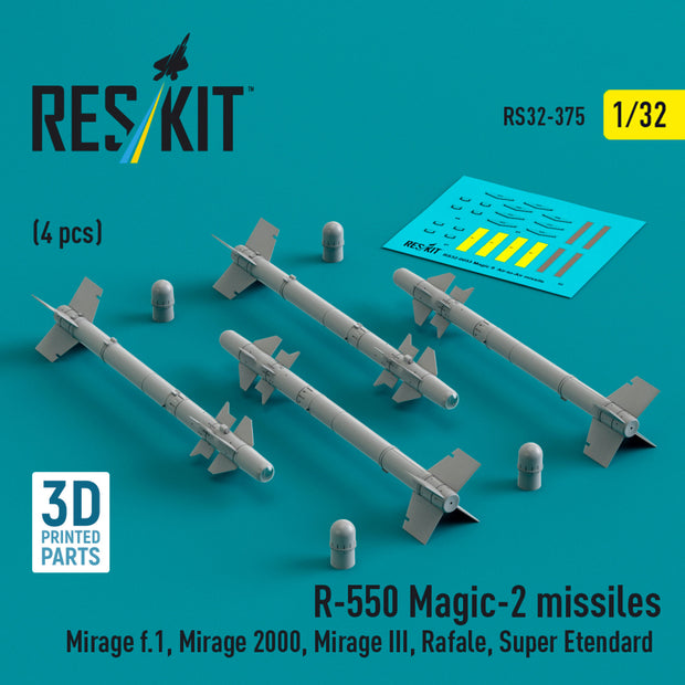 R,550 Magic-2 Missiles (4 pcs) (Mirage F.1, Mirage 2000, Mirage III, Rafale, Super Etendard, MiG-21, Jaguar) (3D Printed) Scale 1:32 ResKit RS32-0375 for Aircraft Model Kit