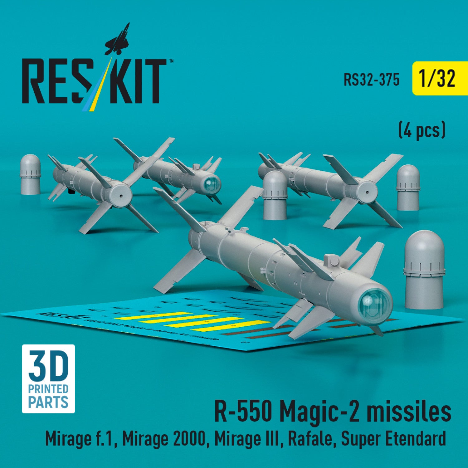R,550 Magic-2 Missiles (4 pcs) (Mirage F.1, Mirage 2000, Mirage III, Rafale, Super Etendard, MiG-21, Jaguar) (3D Printed) Scale 1:32 ResKit RS32-0375 for Aircraft Model Kit