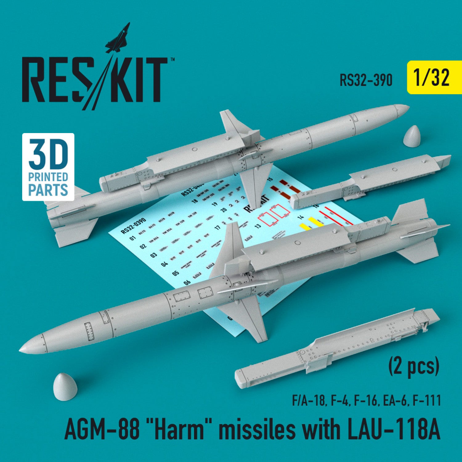 AGM-88 Harm Missiles with LAU-118A (2 pcs) (F/A-18, F-4, F-16, EA-6, F-111) Scale 1:32 ResKit RS32-0390 for Aircraft Model Kit